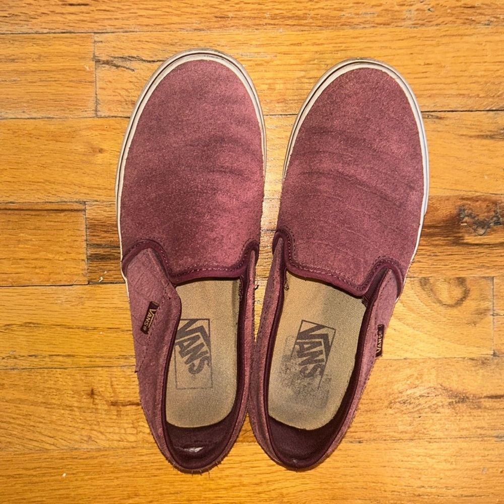 Maroon suede slip on vans